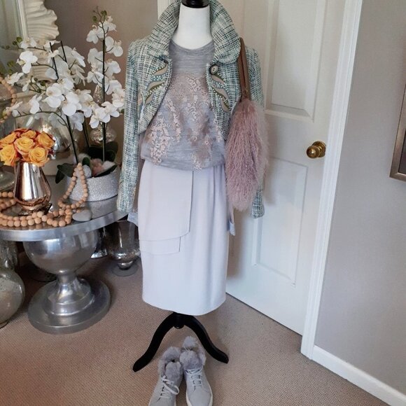 EUC Obakki cream grey wool midi skirt w/ frill detail - Picture 4 of 6